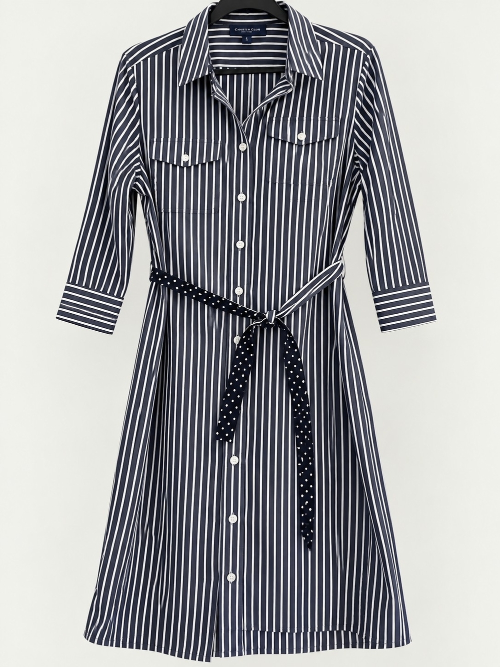 Jones New York Navy and White Striped Shirt Midi Dress with Polka Dot Tie